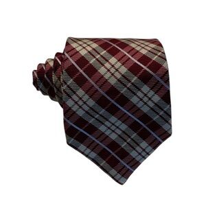 VALENTINO silk tie burgundy gray tartan plaid woven necktie Made in Italy